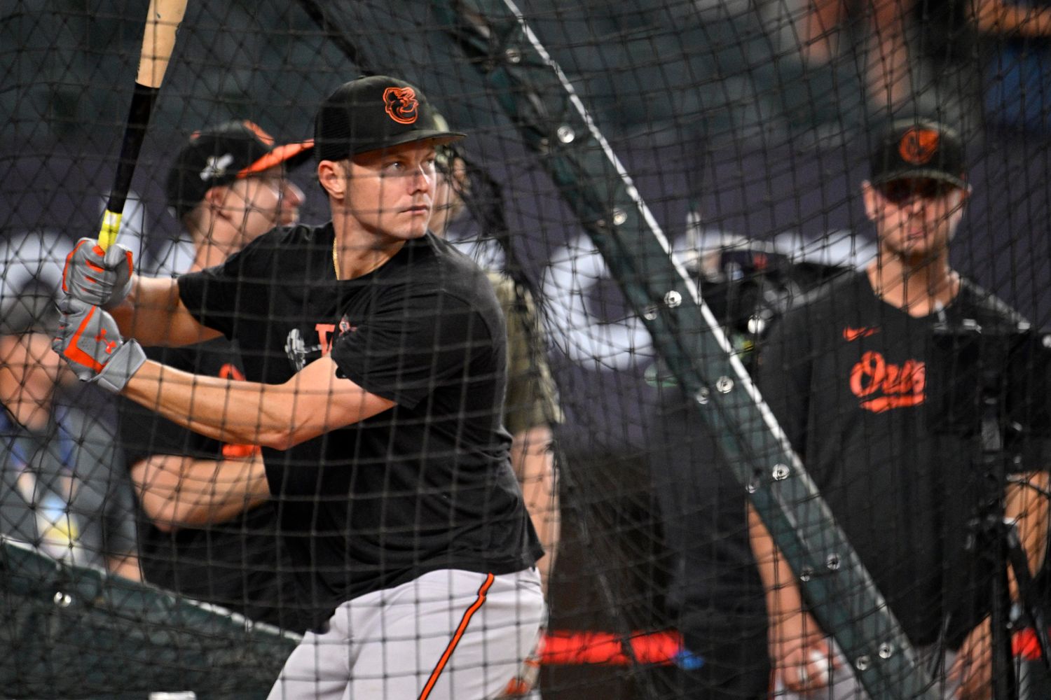 Oct 10, 2023; Arlington, Texas, USA; Baltimore Orioles first baseman Ryan Mountcastle (6) warms up before game three against the Texas Rangers in the ALDS for the 2023 MLB playoffs at Globe Life Field.